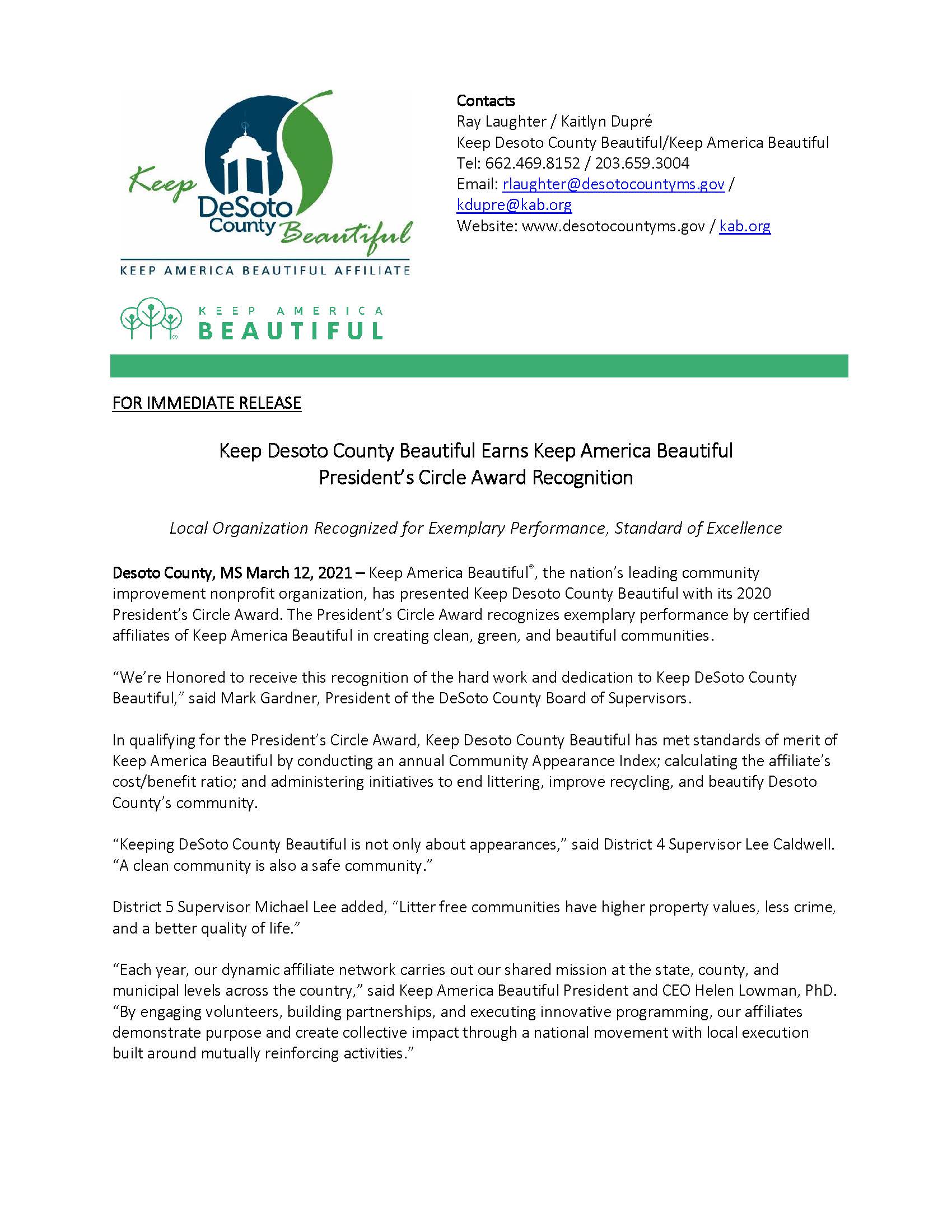 DeSoto County Beautiful  Award 2020 Page 1